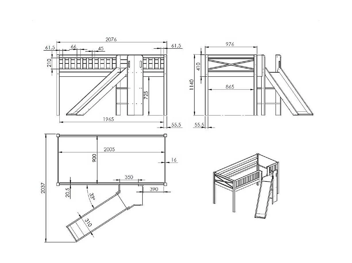 Kinderspielbett aus Kiefer Massivholz Vorhang Set