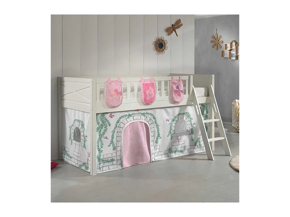 Kinder Halbhochbett aus Kiefer Massivholz Vorhang