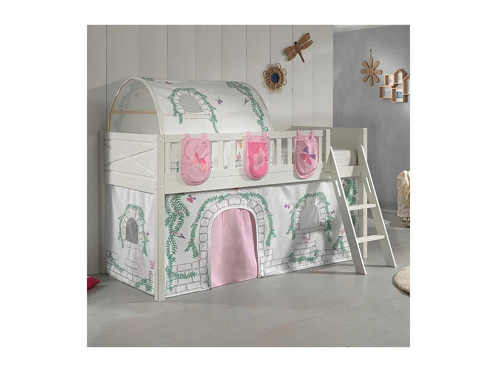 Kinder Halbhochbett aus Kiefer Massivholz Vorhang