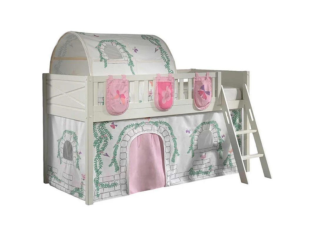 Kinder Halbhochbett aus Kiefer Massivholz Vorhang