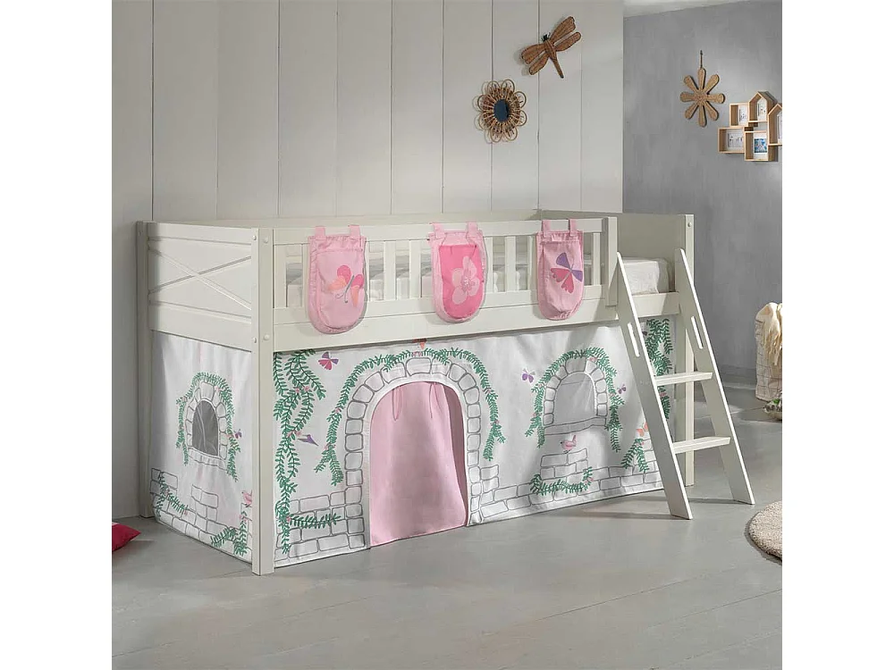 Kinder Halbhochbett aus Kiefer Massivholz Vorhang