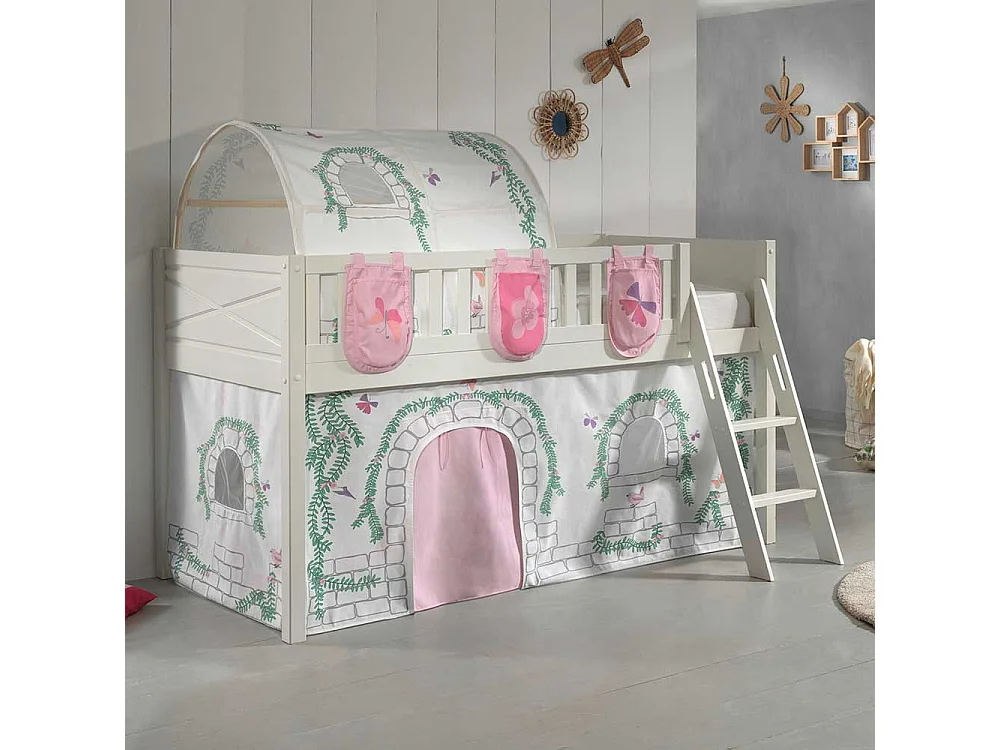 Kinder Halbhochbett aus Kiefer Massivholz Vorhang