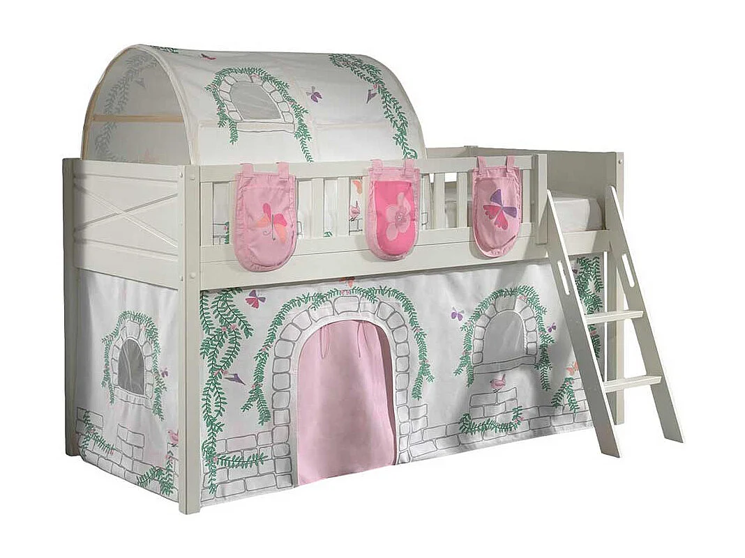 Kinder Halbhochbett aus Kiefer Massivholz Vorhang