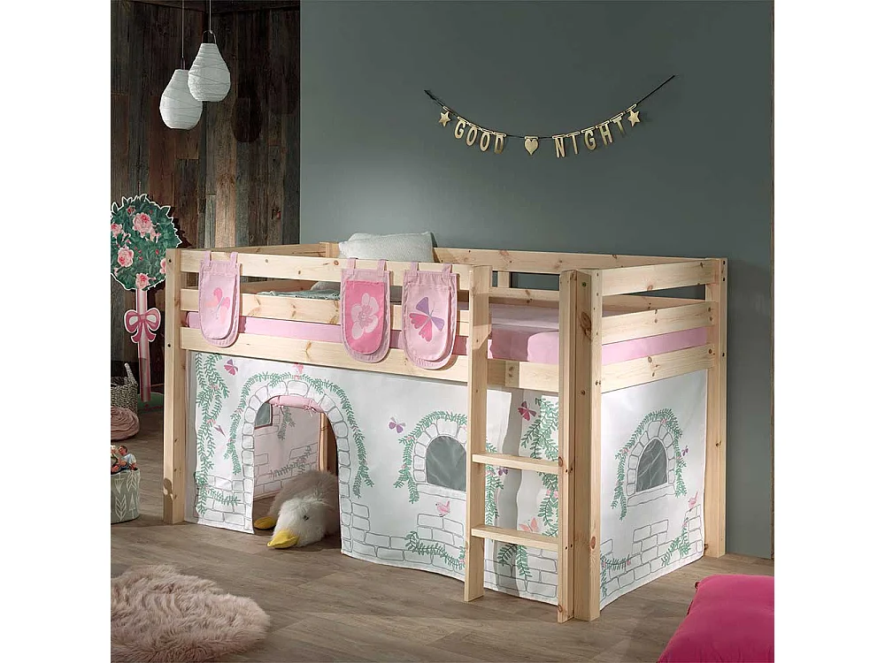 Kiefer Halbhochbett massiv lackiert Vorhang