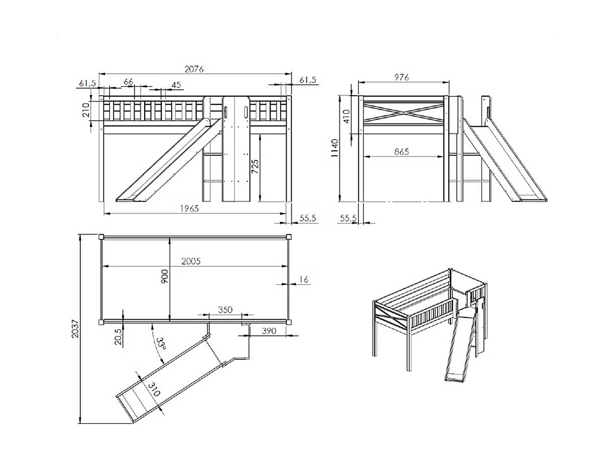 Hochbett Kind aus Kiefer Massivholz Rutsche