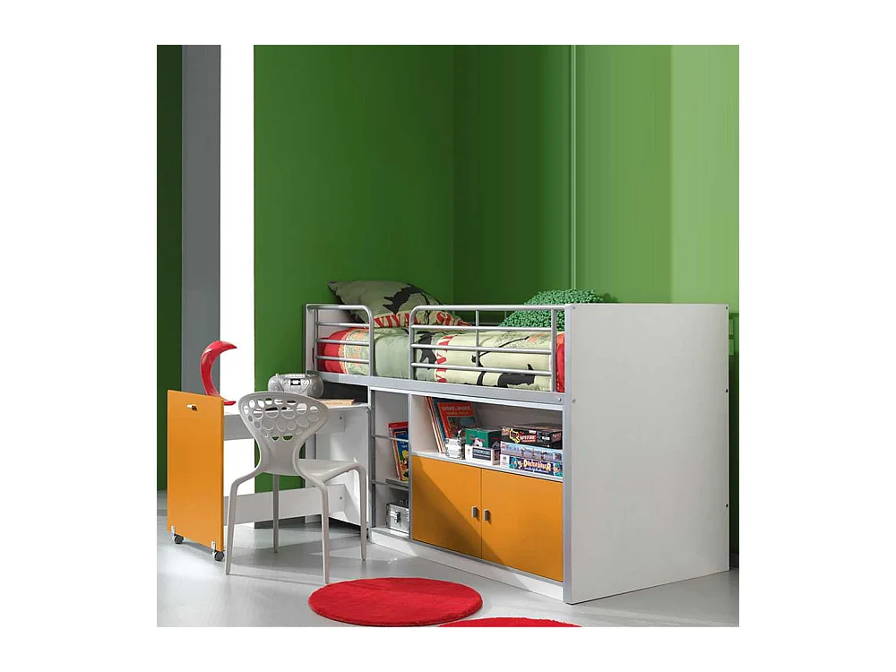 Kinder-Hochbett in Weiß-Gelb ausziehbarer Schreibtisch