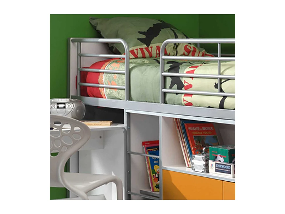 Kinder-Hochbett in Weiß-Gelb ausziehbarer Schreibtisch