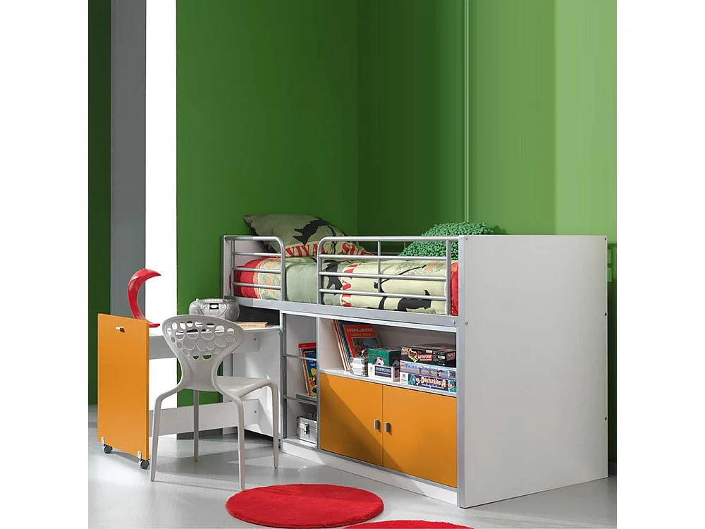 Kinder-Hochbett in Weiß-Gelb ausziehbarer Schreibtisch