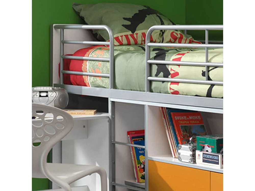 Kinder-Hochbett in Weiß-Gelb ausziehbarer Schreibtisch