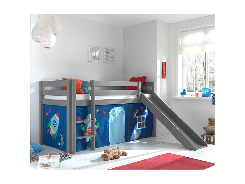 Kinderzimmerbett in Grau und Blau Rutsche und Vorhang