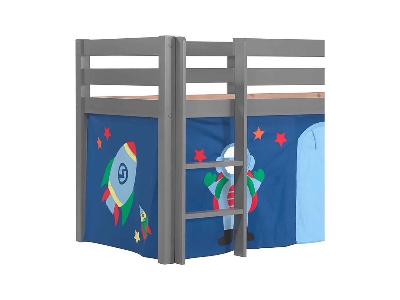 Kinderzimmerbett in Grau und Blau Rutsche und Vorhang