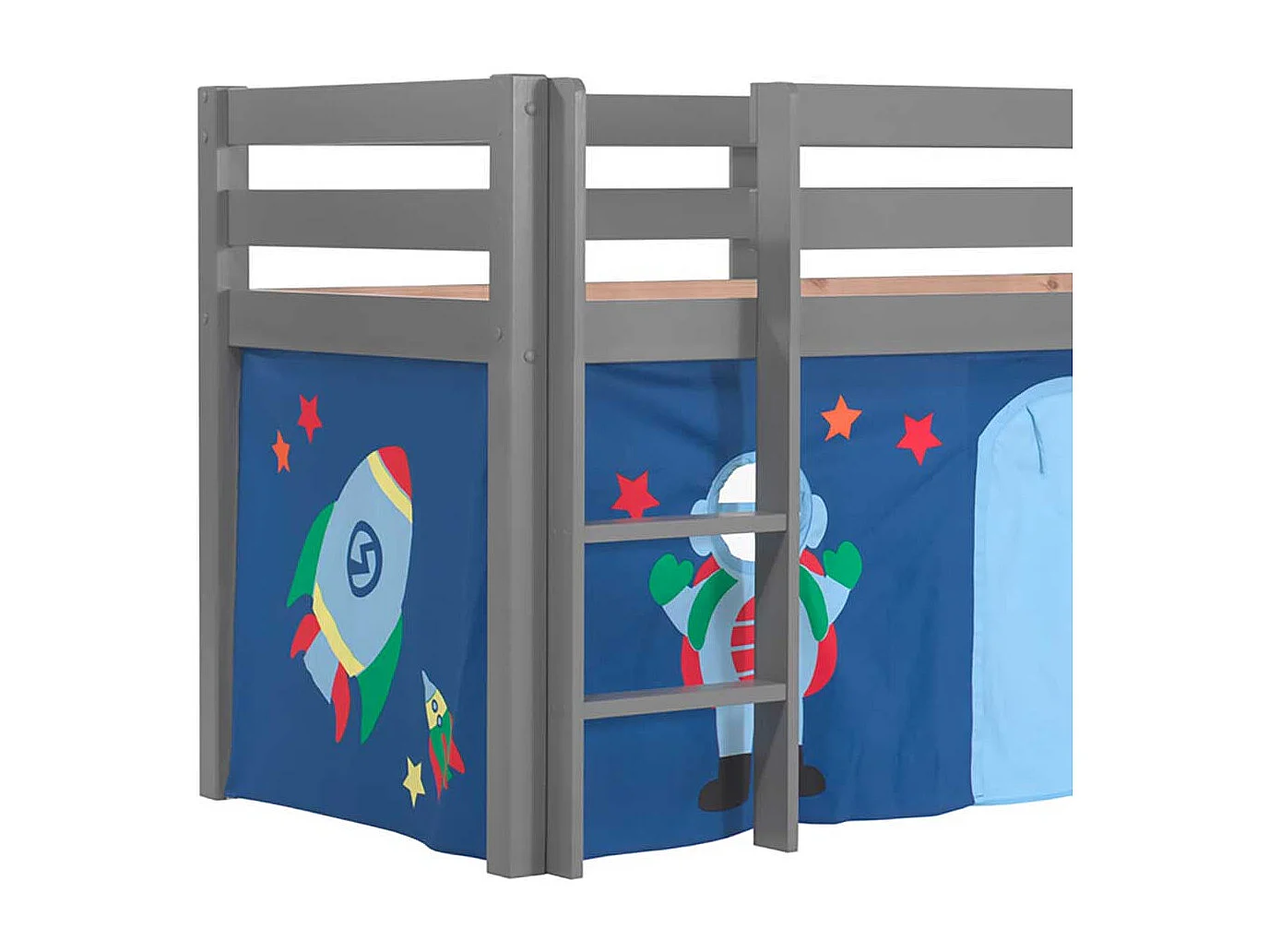 Kinderzimmerbett in Grau und Blau Rutsche und Vorhang