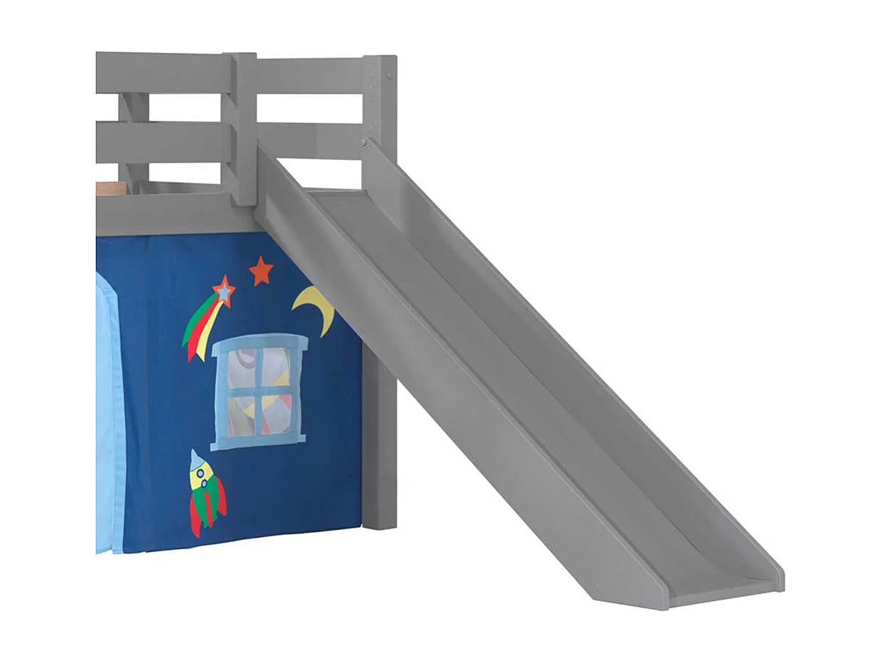 Kinderzimmerbett in Grau und Blau Rutsche und Vorhang