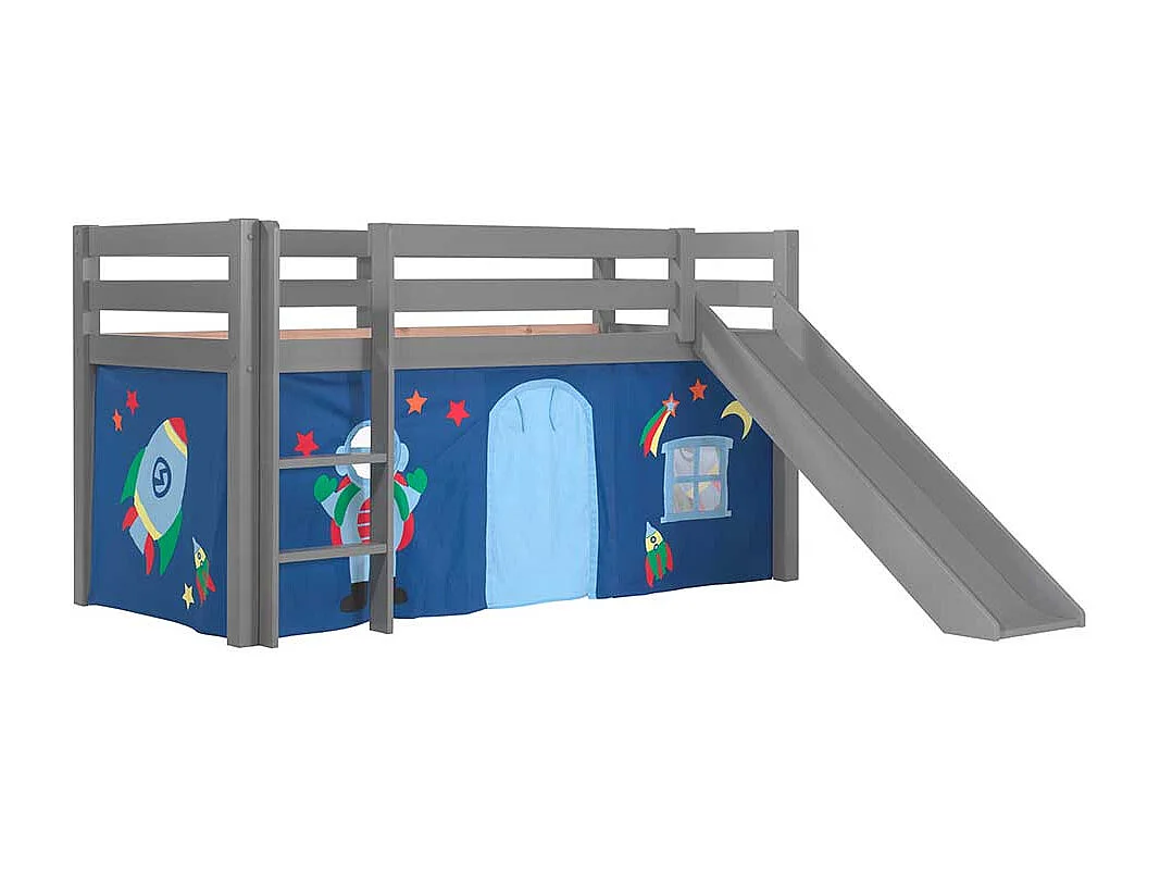 Kinderzimmerbett in Grau und Blau Rutsche und Vorhang