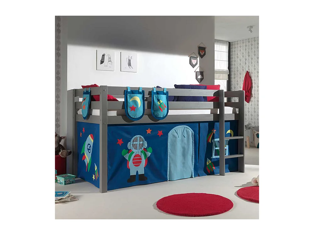 Hochbettgestell in Grau und Blau Kiefer Massivholz