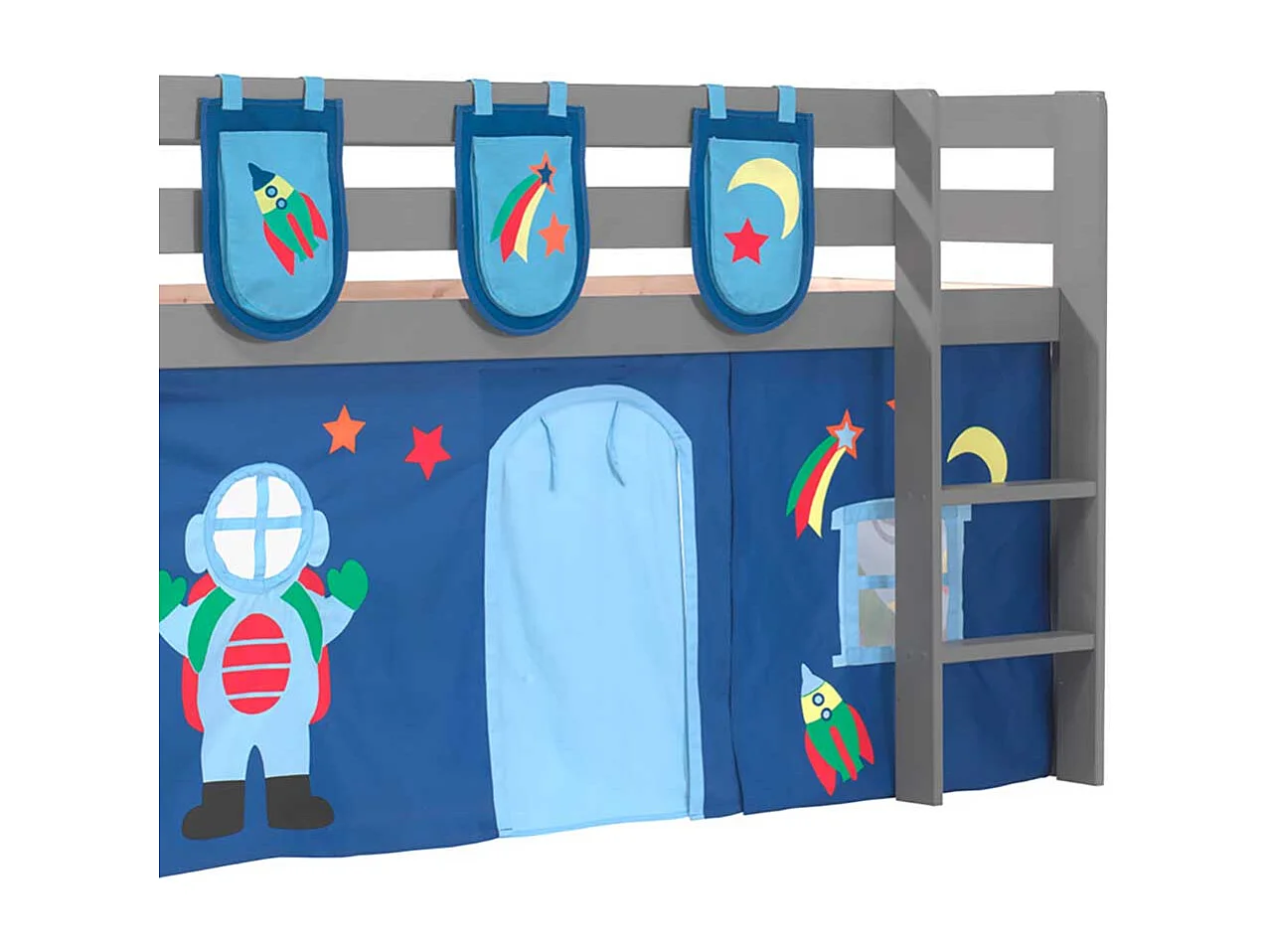 Hochbettgestell in Grau und Blau Kiefer Massivholz