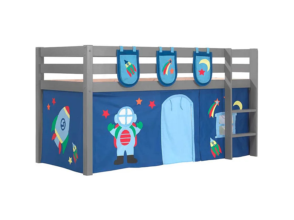 Hochbettgestell in Grau und Blau Kiefer Massivholz