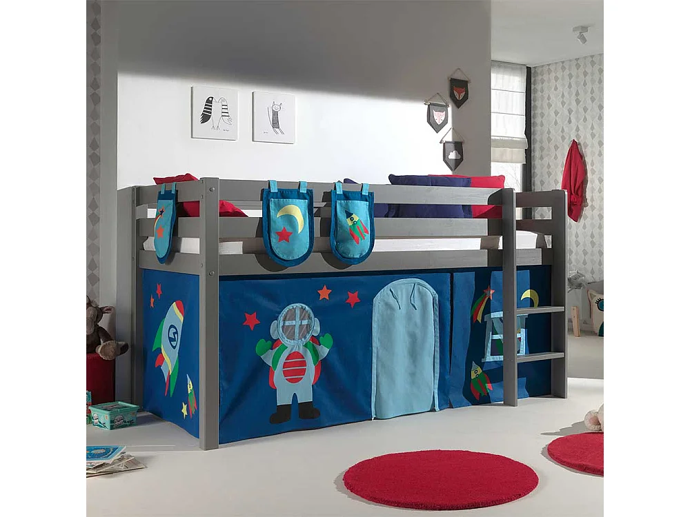 Hochbettgestell in Grau und Blau Kiefer Massivholz