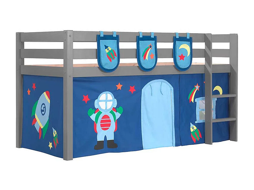 Hochbettgestell in Grau und Blau Kiefer Massivholz