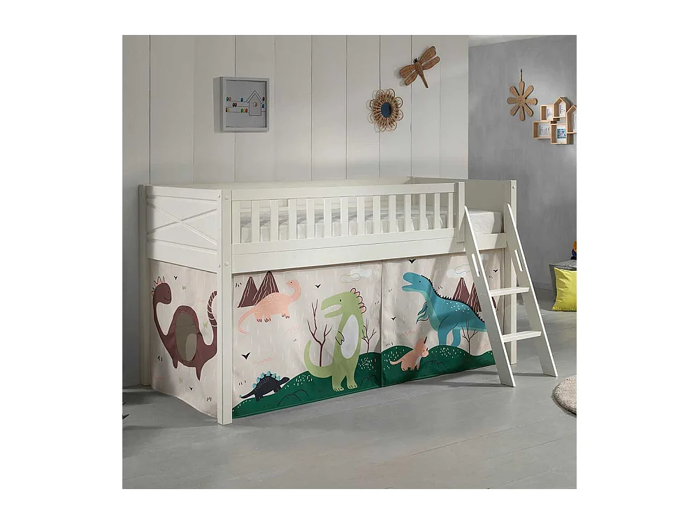 Kinder Einzelbett hoch aus Kiefer Massivholz Dinosaurier Motiv