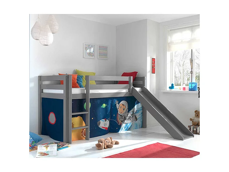 Jungs Hochbett in Grau und Blau mit Weltraum Motiv