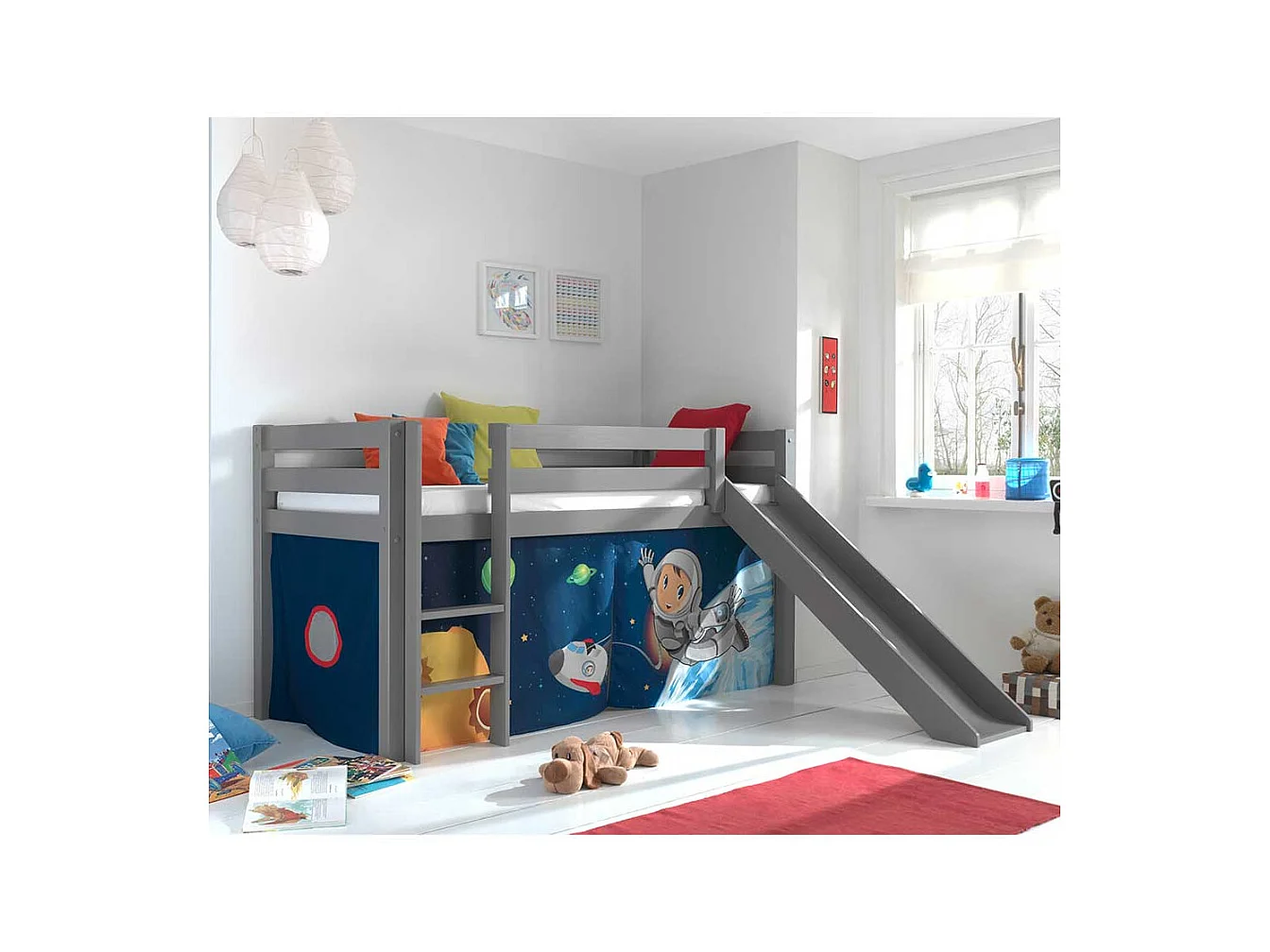 Jungs Hochbett in Grau und Blau mit Weltraum Motiv