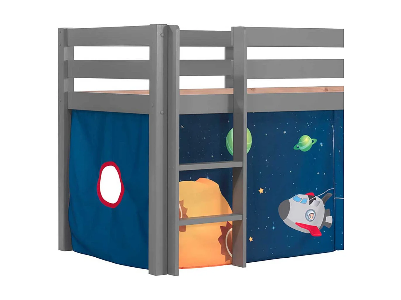 Jungs Hochbett in Grau und Blau mit Weltraum Motiv