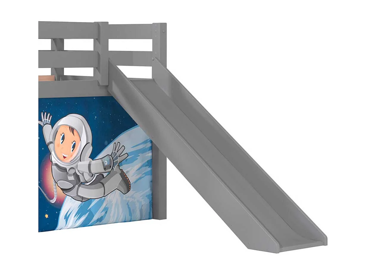 Jungs Hochbett in Grau und Blau mit Weltraum Motiv