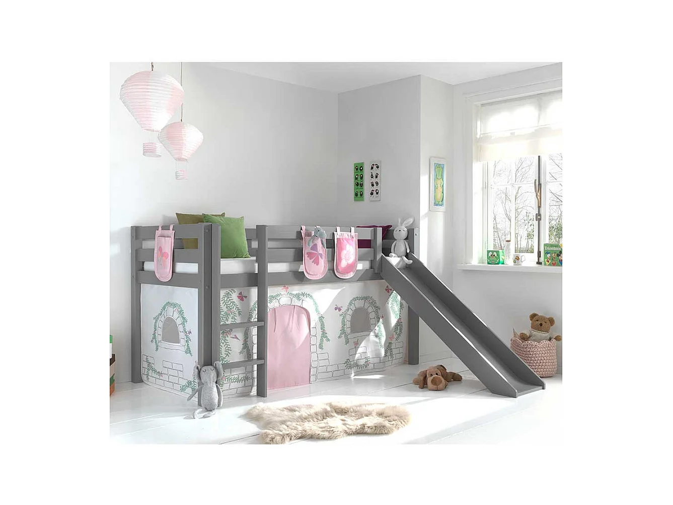 Mädchen Spielbett in Grau und Rosa Leiter und Vorhang