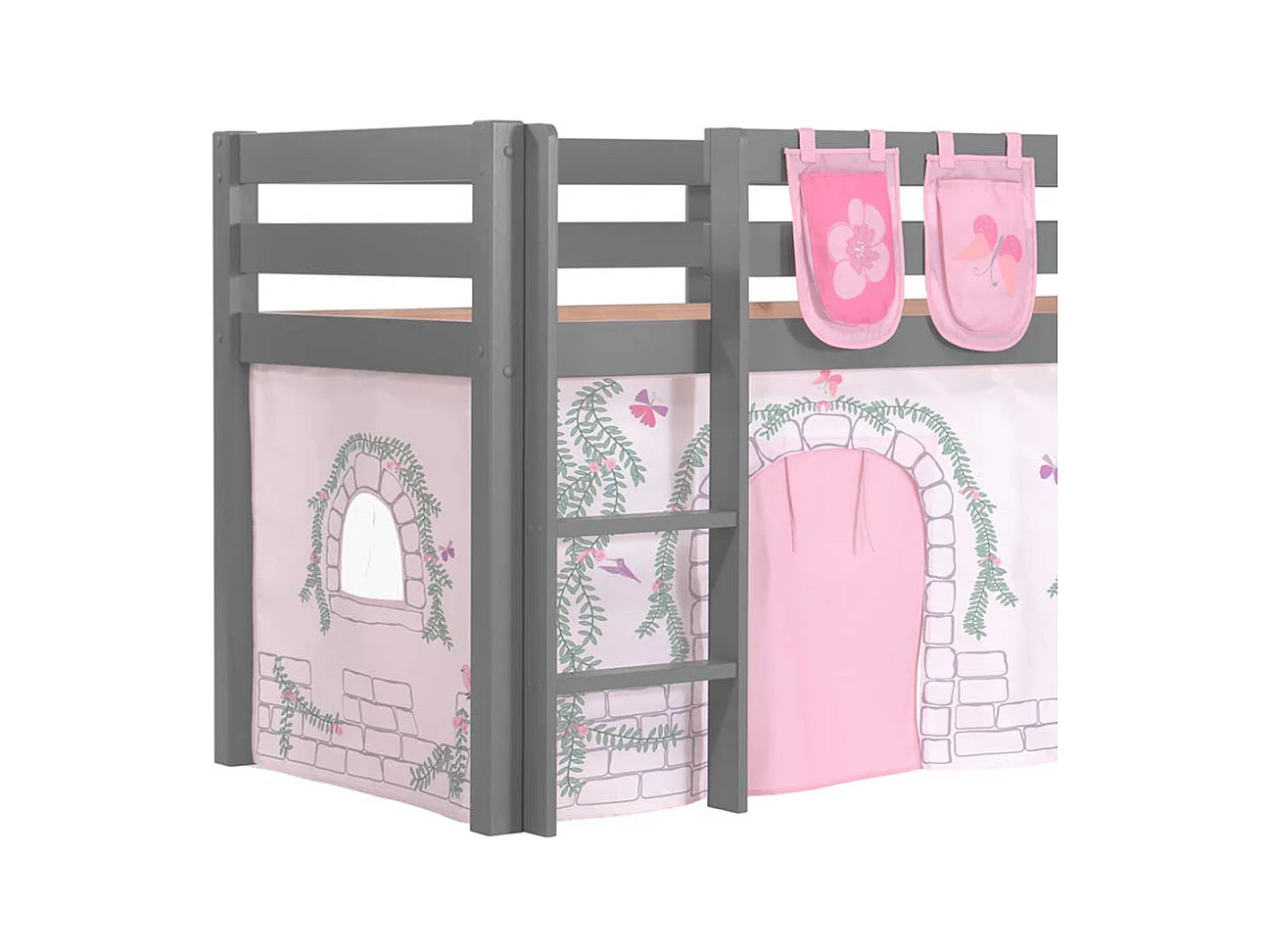 Mädchen Spielbett in Grau und Rosa Leiter und Vorhang