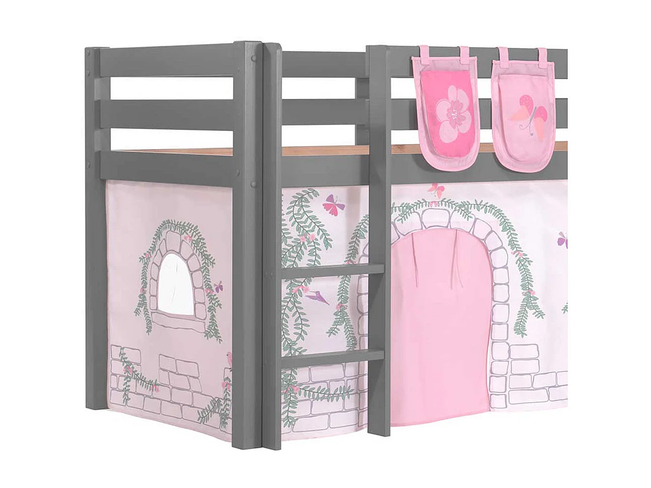 Mädchen Spielbett in Grau und Rosa Leiter und Vorhang