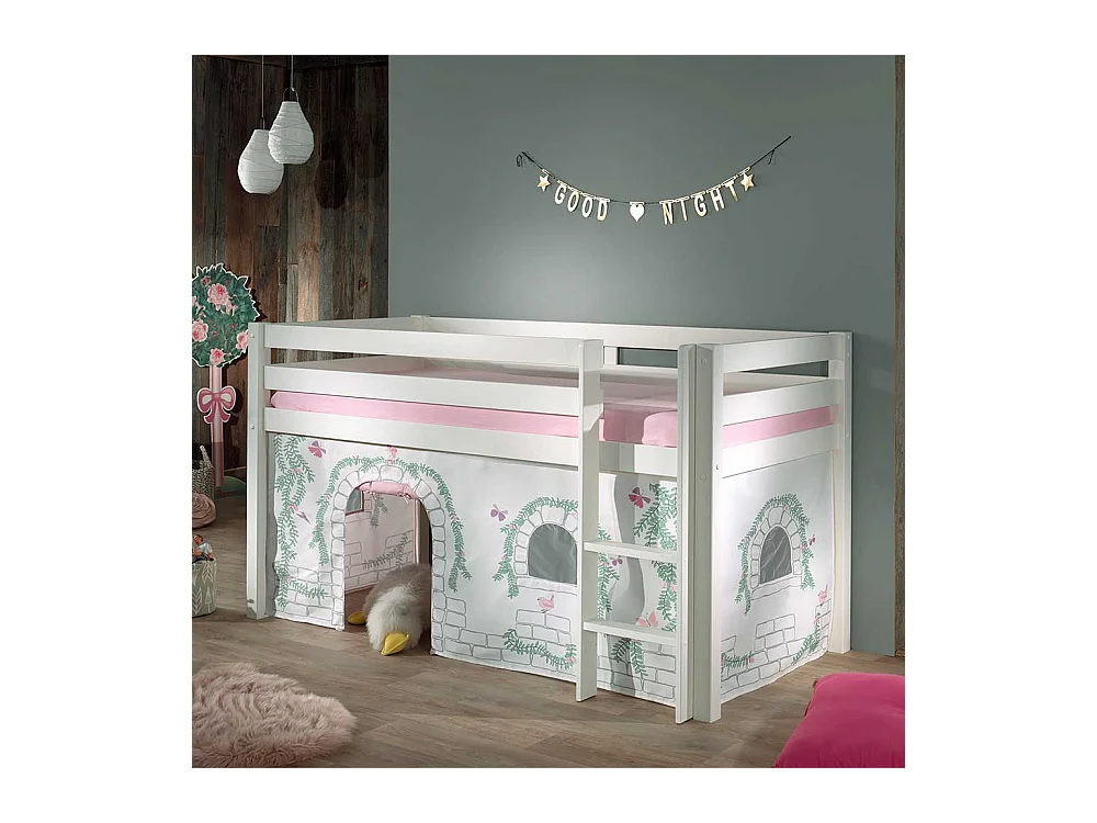 Kinder Halbhochbett in Weiß Kiefer Massivholz