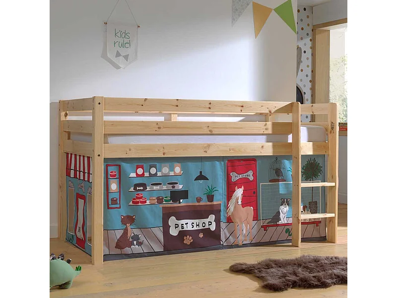 Kinderzimmerbett aus Kiefer Massivholz Vorhang Set