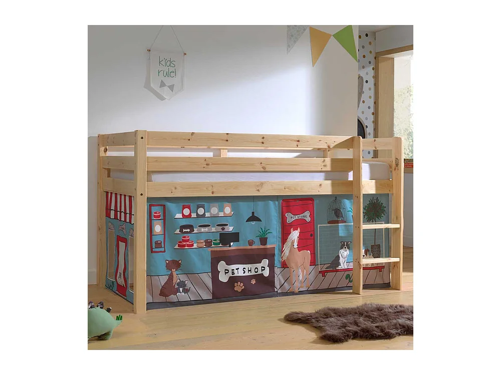 Kinderzimmerbett aus Kiefer Massivholz Vorhang Set