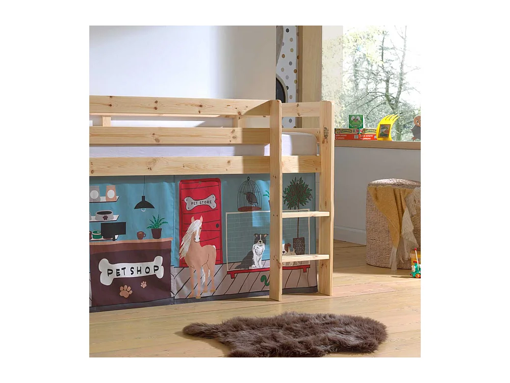 Kinderzimmerbett aus Kiefer Massivholz Vorhang Set