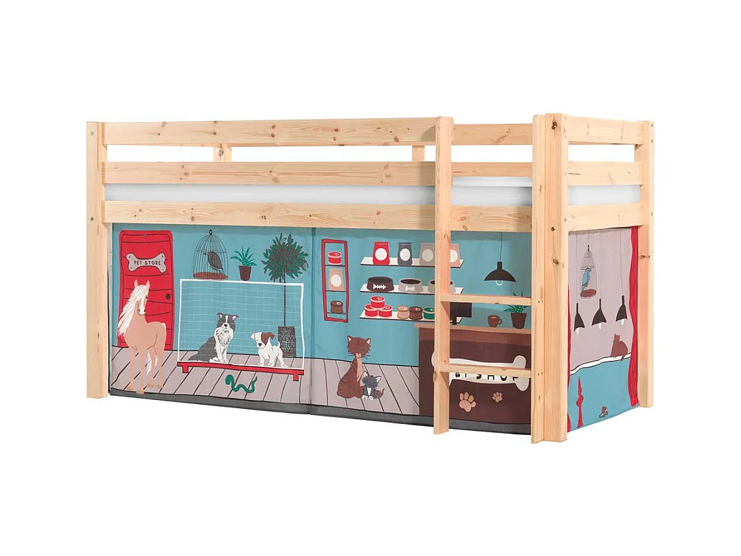 Kinderzimmerbett aus Kiefer Massivholz Vorhang Set