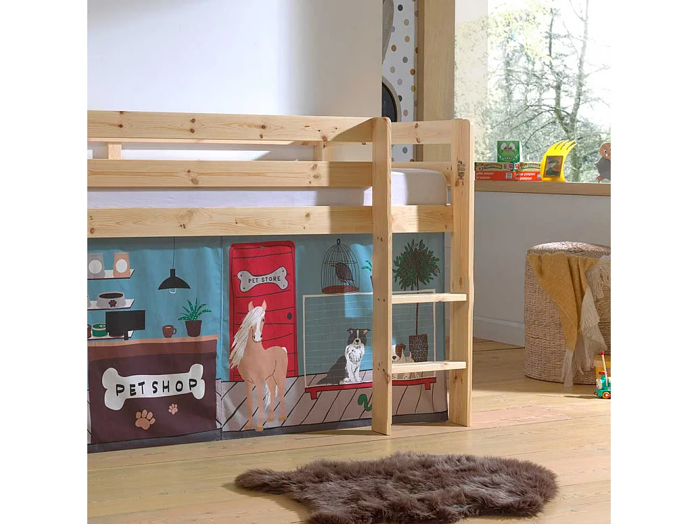 Kinderzimmerbett aus Kiefer Massivholz Vorhang Set