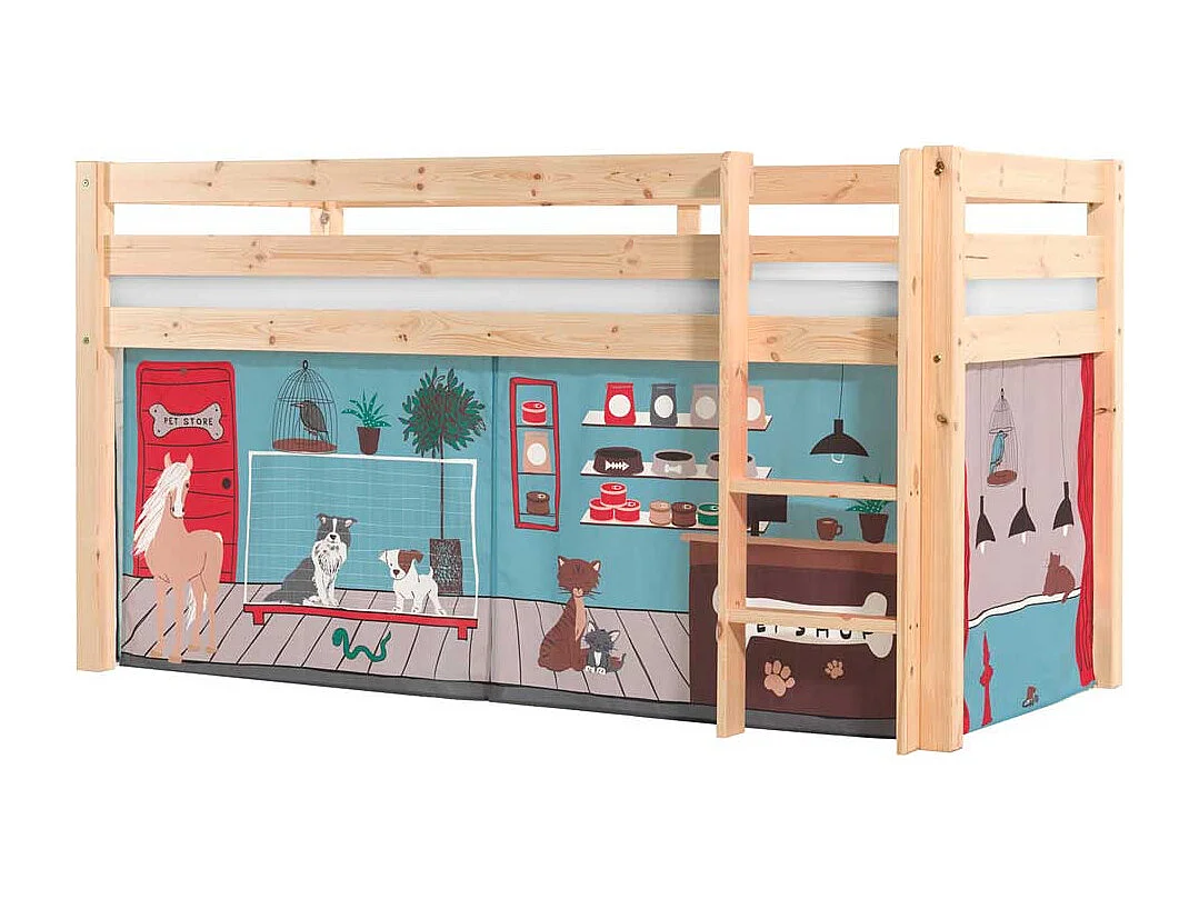 Kinderzimmerbett aus Kiefer Massivholz Vorhang Set