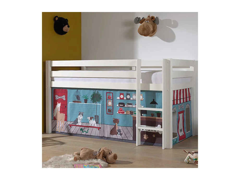 Halbhohes Kinderbett aus Kiefer Massivholz Vorhang Set Tiere