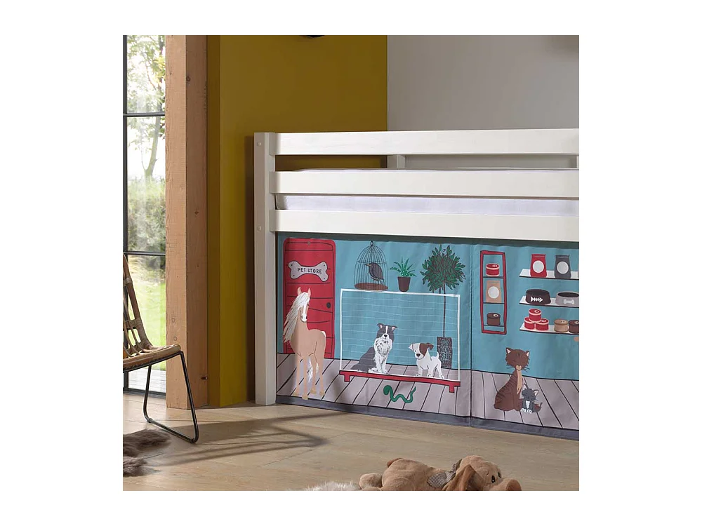 Halbhohes Kinderbett aus Kiefer Massivholz Vorhang Set Tiere