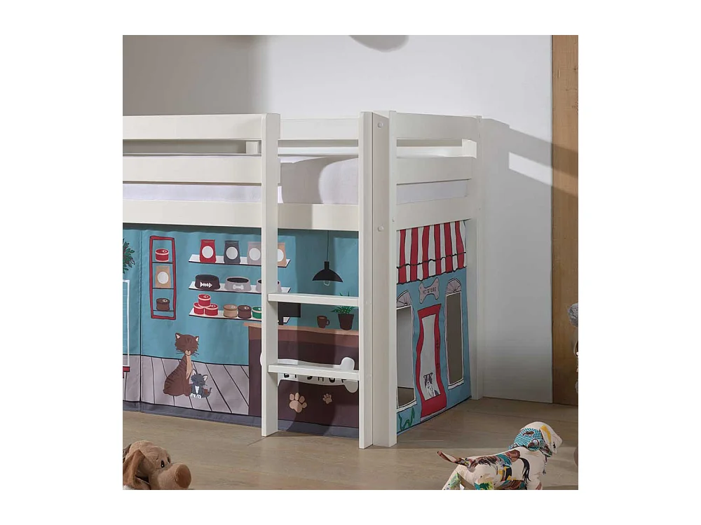 Halbhohes Kinderbett aus Kiefer Massivholz Vorhang Set Tiere