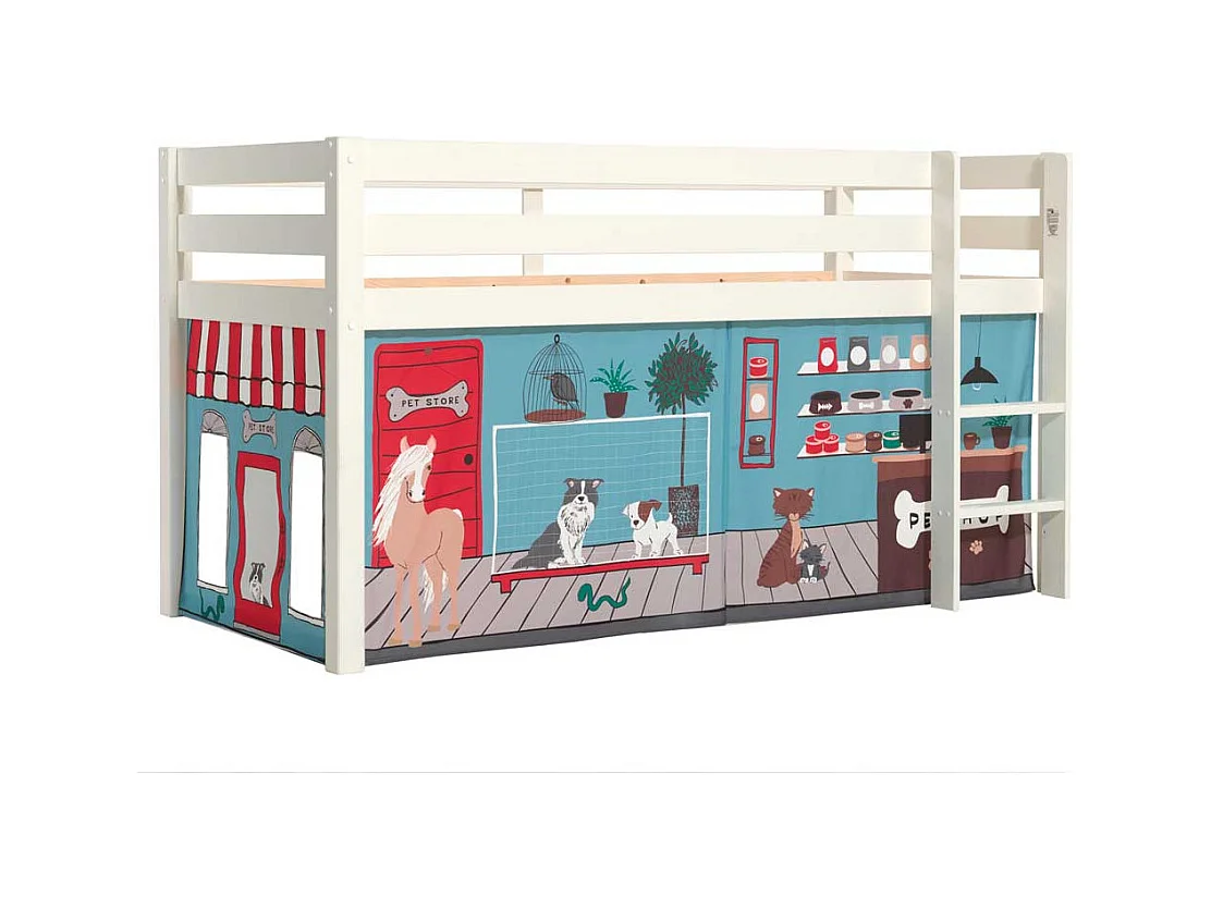 Halbhohes Kinderbett aus Kiefer Massivholz Vorhang Set Tiere