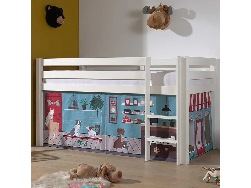 Halbhohes Kinderbett aus Kiefer Massivholz Vorhang Set Tiere