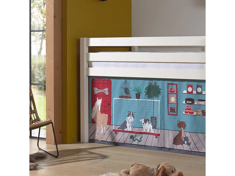 Halbhohes Kinderbett aus Kiefer Massivholz Vorhang Set Tiere