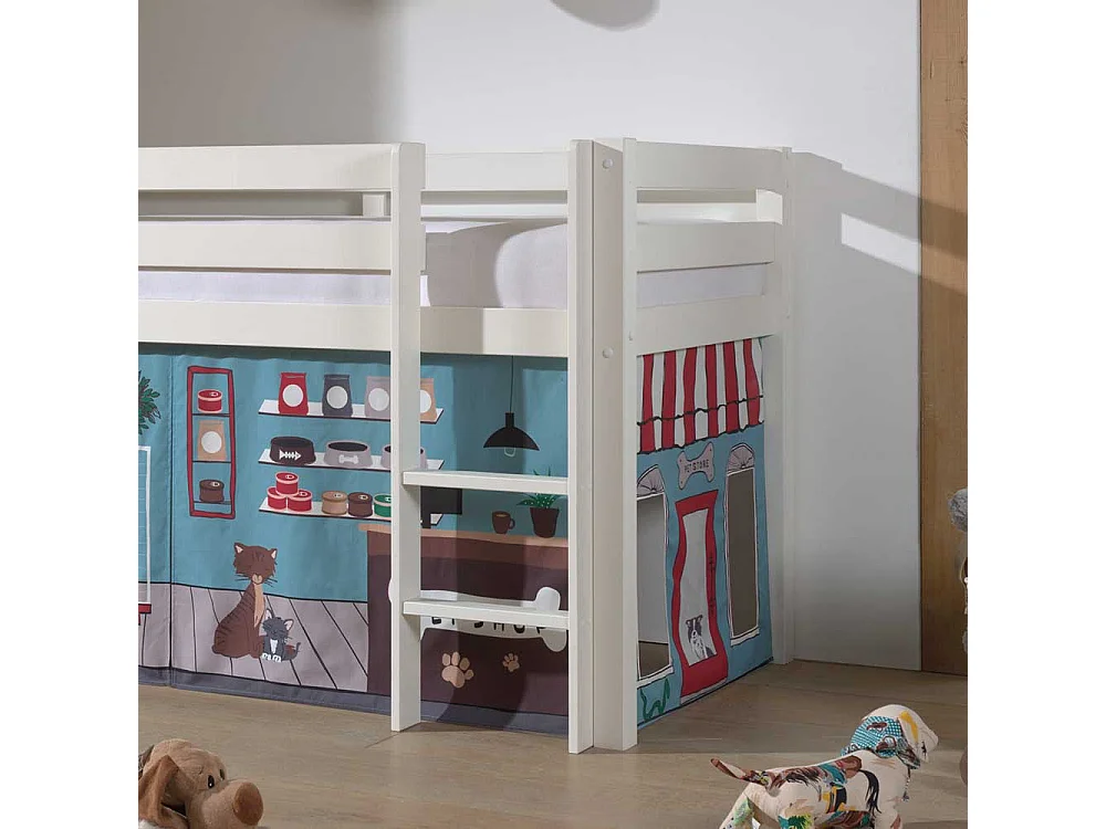 Halbhohes Kinderbett aus Kiefer Massivholz Vorhang Set Tiere