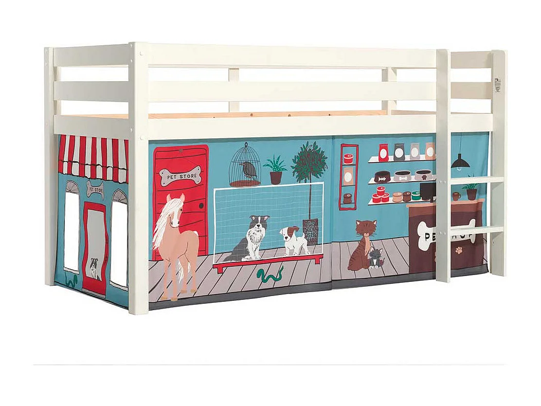 Halbhohes Kinderbett aus Kiefer Massivholz Vorhang Set Tiere