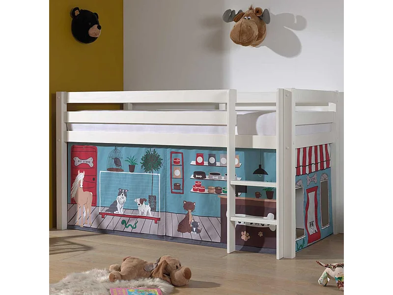 Halbhohes Kinderbett aus Kiefer Massivholz Vorhang Set Tiere