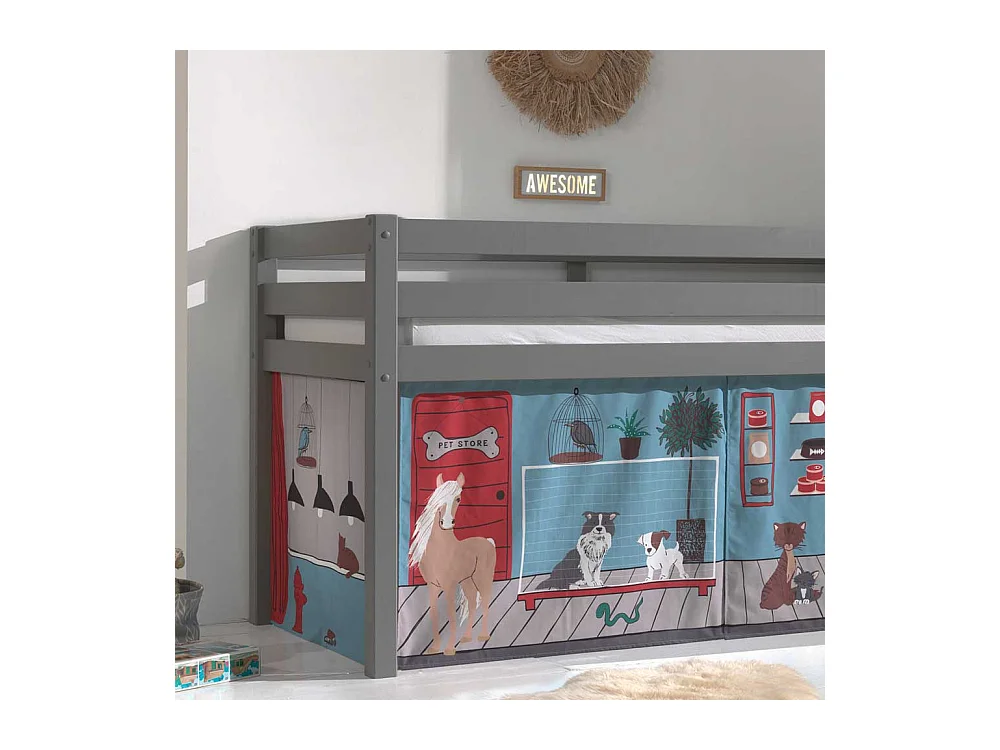 Kinder Halbhochbett aus Kiefer Massivholz Grau mit Tier Vorhang