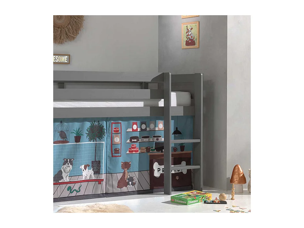 Kinder Halbhochbett aus Kiefer Massivholz Grau mit Tier Vorhang