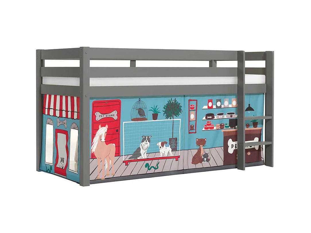 Kinder Halbhochbett aus Kiefer Massivholz Grau mit Tier Vorhang